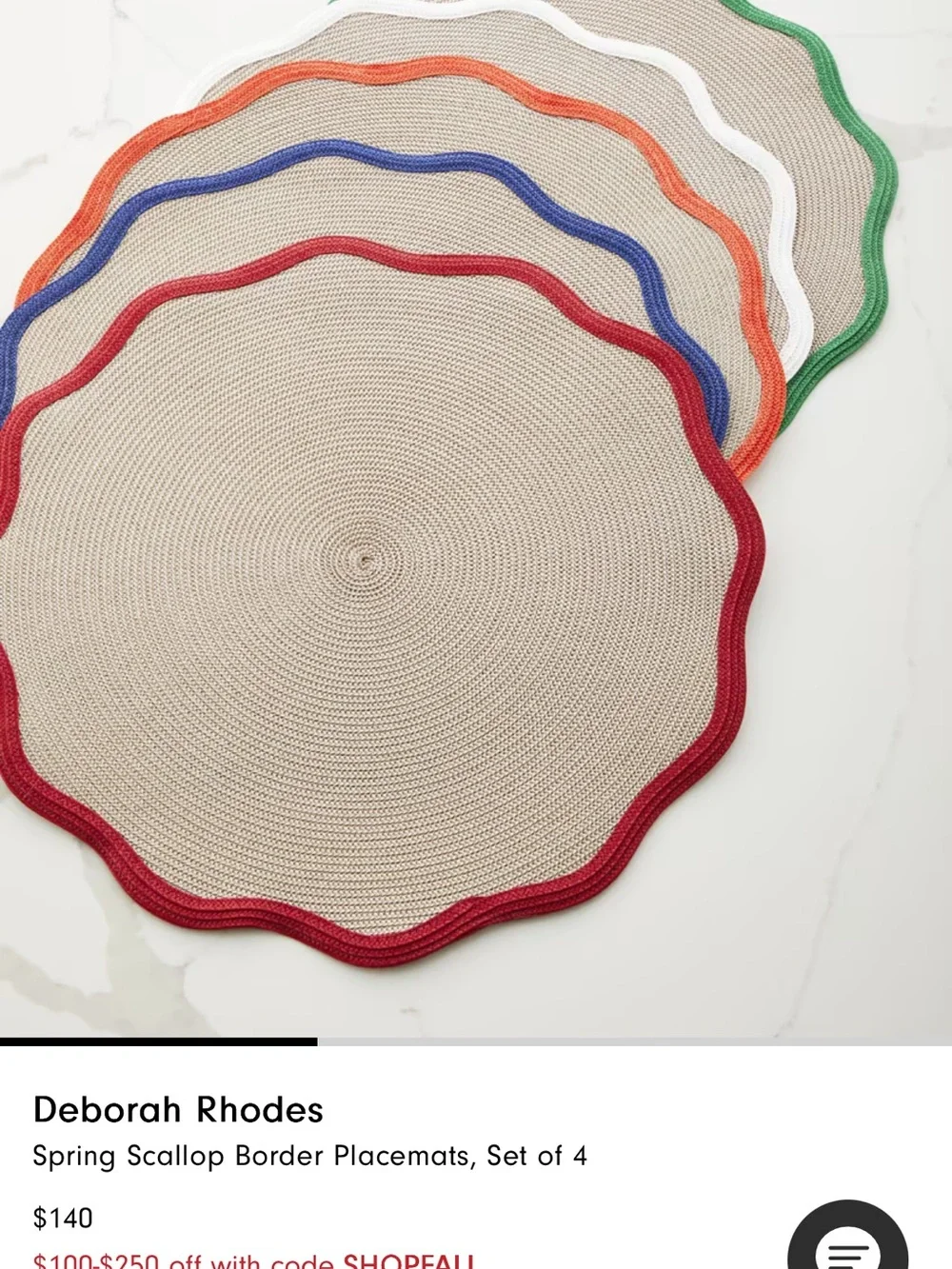 White Scalloped Round Placemats with Red Trim - Set of 6